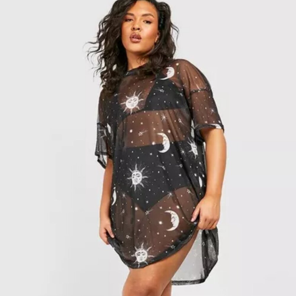 2-for-1 Boohoo Plus Sun & Moon Mesh T-Shirt Dress & Bodycon Combo